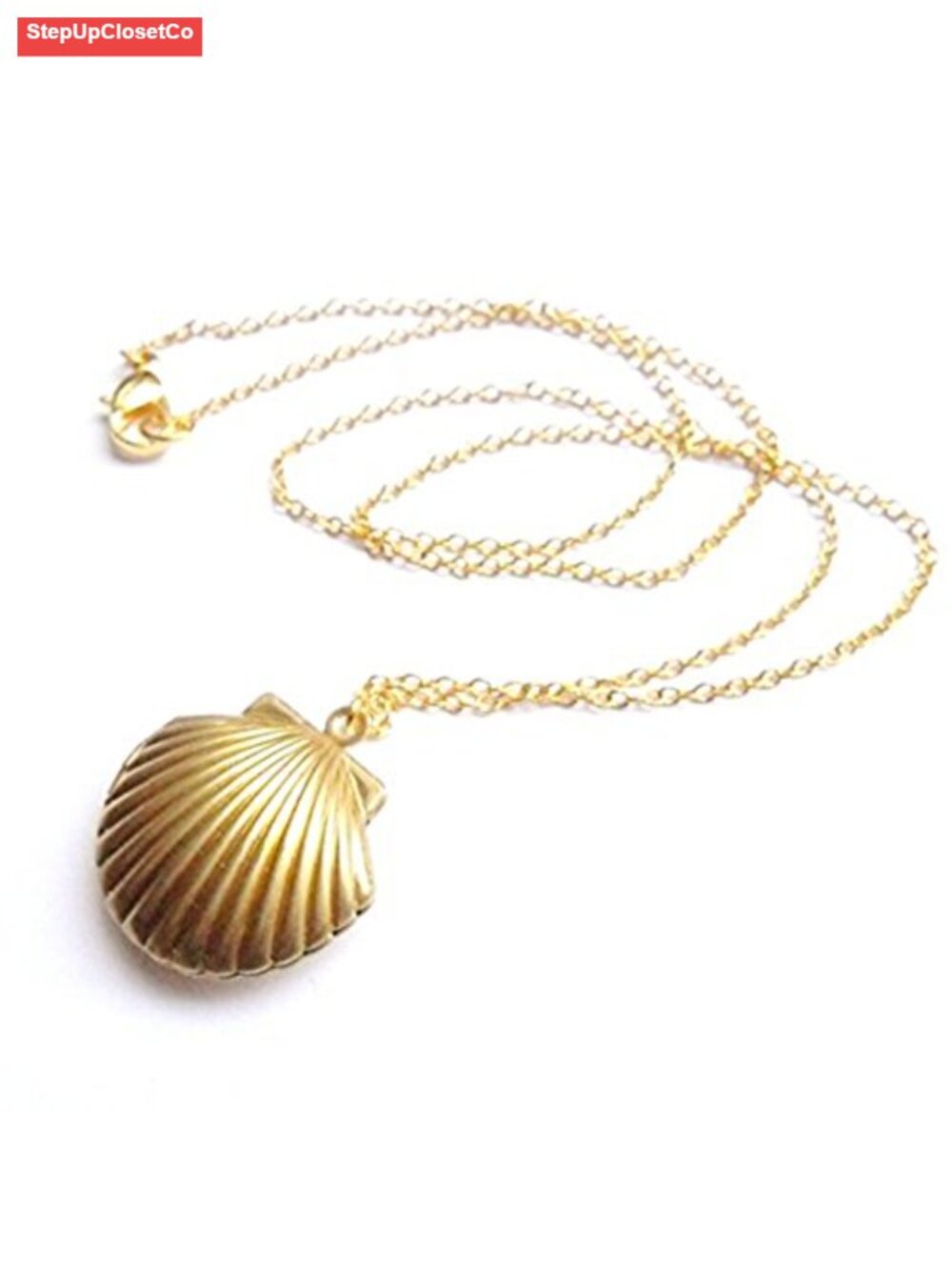 Gold Plated Sea Shell Locket Necklace 24" Chain Nautical Beach Jewelry